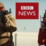 Azov battalion solider training a young person to fire a gun and BBC logo