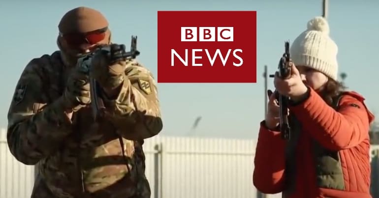 Azov battalion solider training a young person to fire a gun and BBC logo