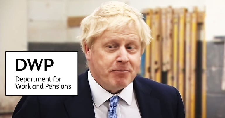 Boris Johnson looking at the DWP logo