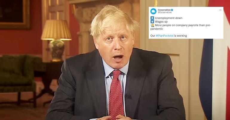 Boris Johnson looking shocked and a tweet from the Conservatives Twitter about employment