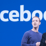 The Facebook logo, Mark Zuckerberg and Donald Trump