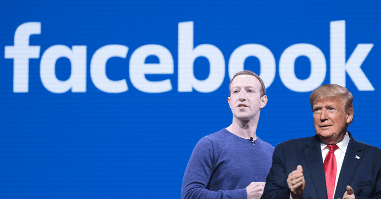 The Facebook logo, Mark Zuckerberg and Donald Trump