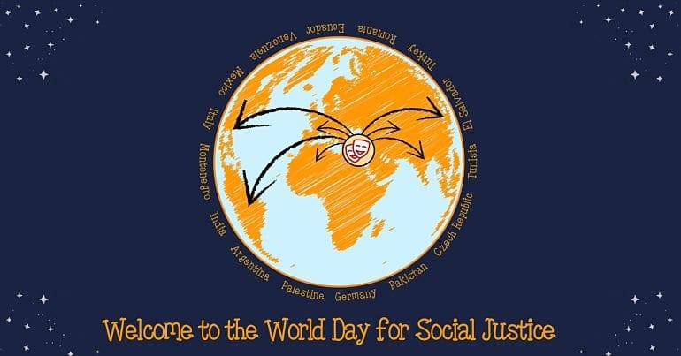 The logo for the Hands Up Project's 2021 International Lockdown Remote Theatre Competition, depicting a globe with theatre masks situated in Palestine and arrows pointing outwards to other countries in the world