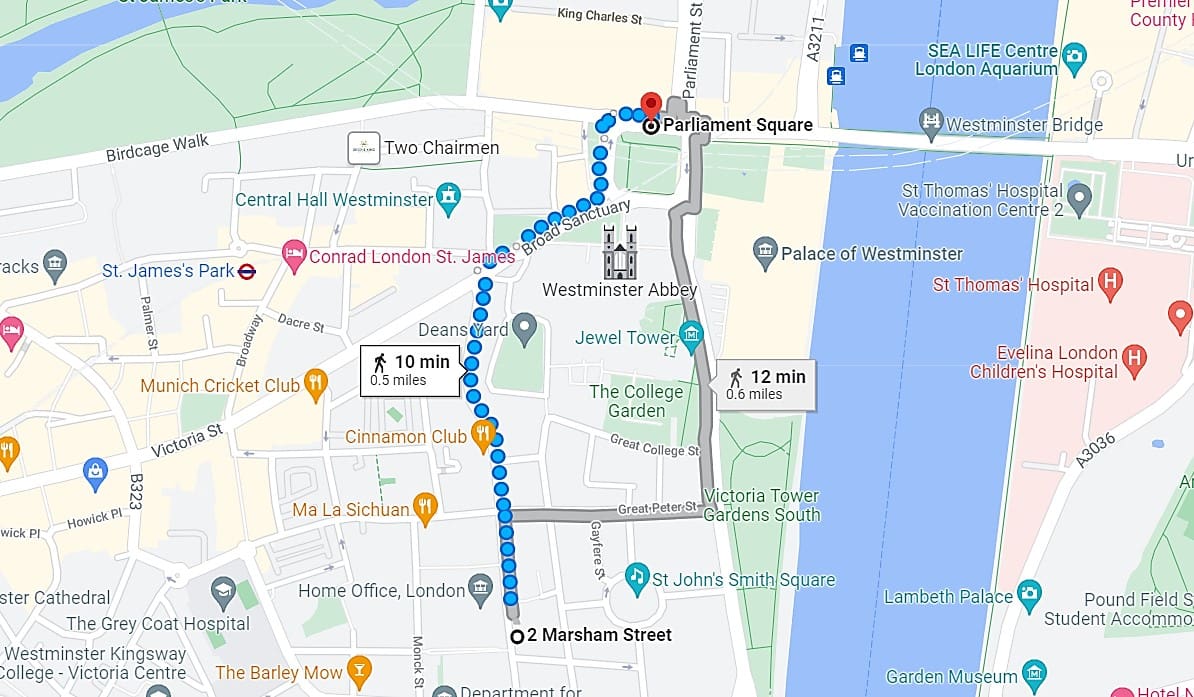 Map of the CIAR march from the foreign office to parliament square