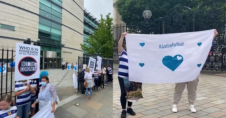 Noah Donohoe justice campaigners outside court in Belfast