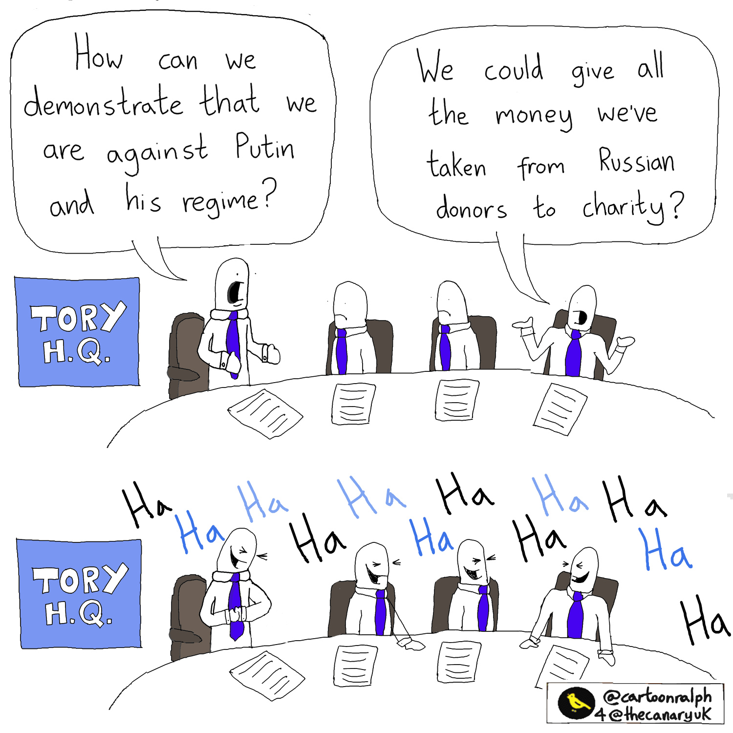 A cartoon of Tory MPs asking what they can do to demonstrate they are against Putin and then laughing at the suggestion they could give the money they've taken from Russian donors to charity
