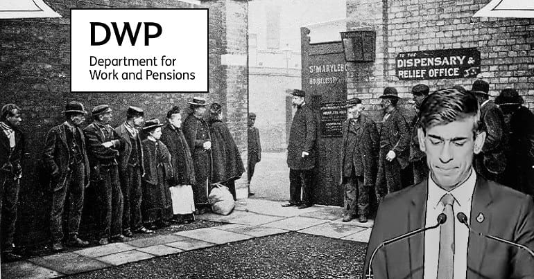 A picture of Rishi Sunak and the DWP logo with a Victorian Workhouse to represent his Spring Statement