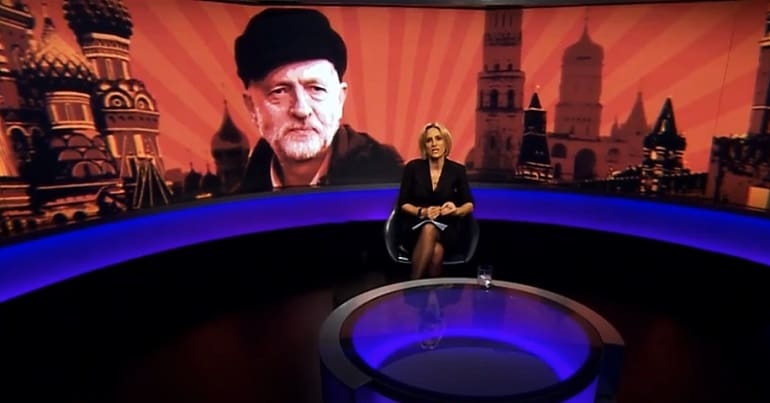 An image of BBC Newsnight featuring Jeremy Corbyn against a Russian backdrop
