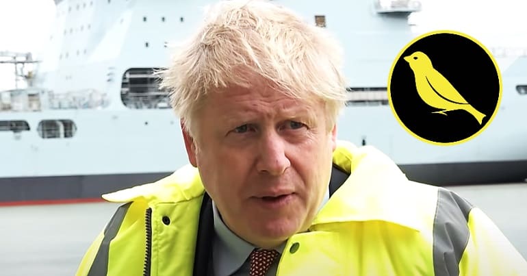 Boris Johnson looking at The Canary logo while the Tories want you to miss bad news