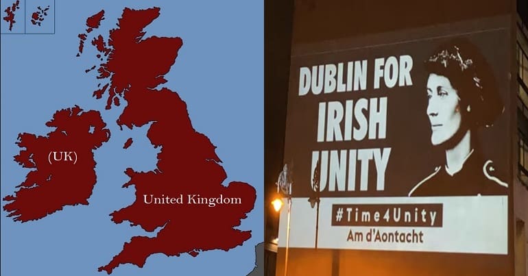 Map of Ireland as part of the UK and Countess markiewicz over a Irish Unity message