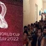 FIFA Qatar World Cup 2022 logo and migrant workers in Qatar