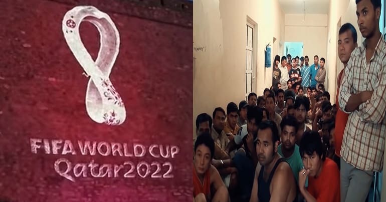 FIFA Qatar World Cup 2022 logo and migrant workers in Qatar