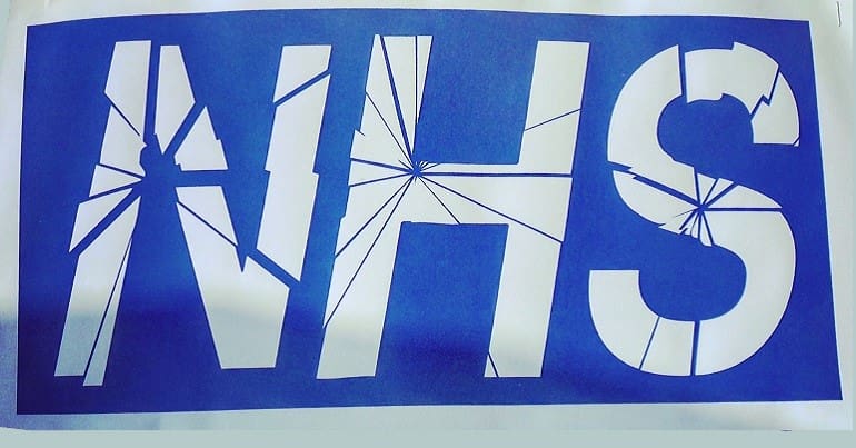 The NHS logo with cracks on it representing eating disorder services