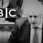 Boris Johnson looking at the BBC Logo - in reference to the pandemic revelations in the Guardian