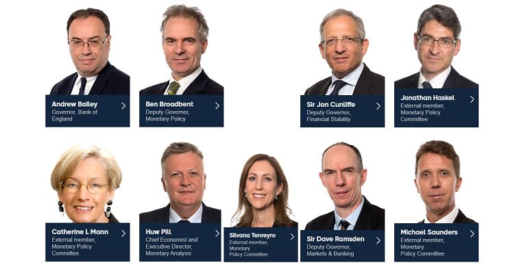 The members of the Bank of England BoE monetary policy committee responsible for inflation