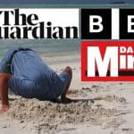 A person burying their head in the sand with media logos from the BBC, Guardian and Mirror