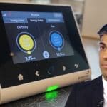 A smart meter and Rishi Sunak talking about the windfall tax