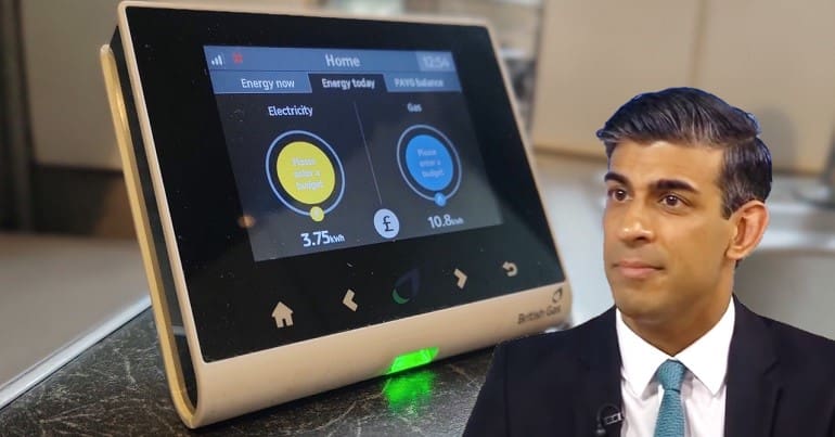 A smart meter and Rishi Sunak talking about the windfall tax