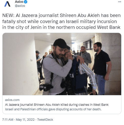A picture of an Axios tweet
