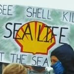 A placard at a protest against Shell's seismic testing along the Wild Coast that read " See Shell Kill Sea Life At The Sea Shore"