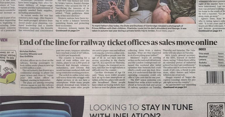 An image of an article in the Sunday Times abour railways and the RMT strike