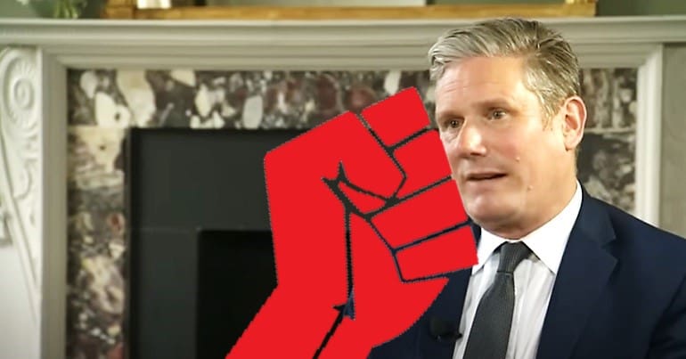 Keir Starmer and a red solidarity fist representing strikes