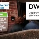 A jobcentre queue the Universal Credit and DWP logos - representing benefits claimants