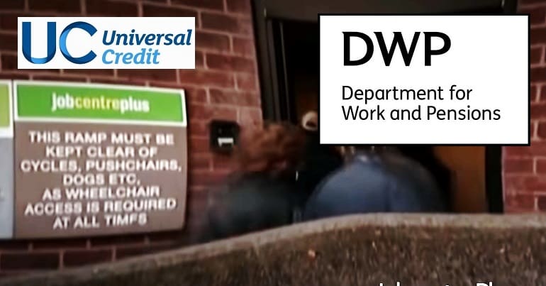 A jobcentre queue the Universal Credit and DWP logos - representing benefits claimants childcare