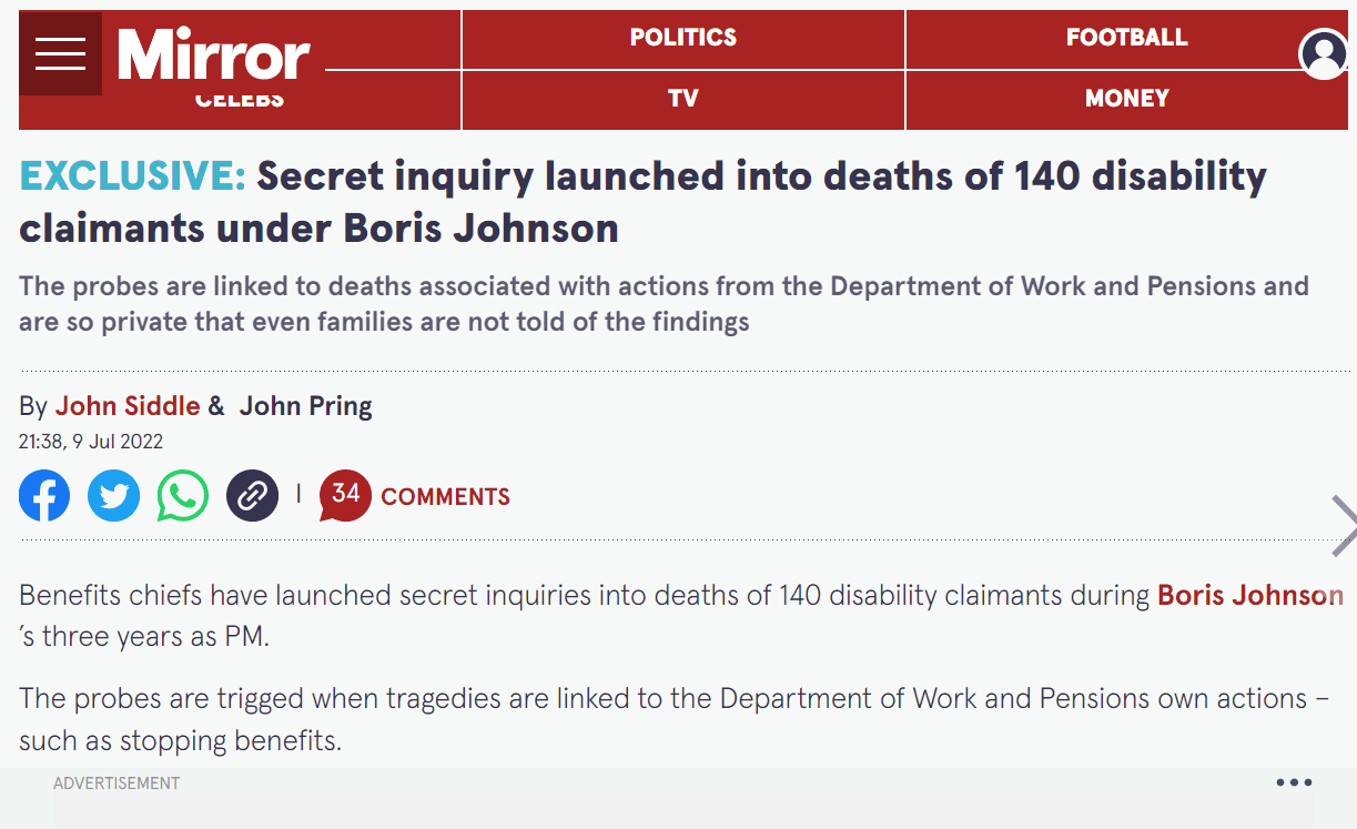 A screengrab of a Mirror article on the DWP