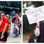 Protesters supporting the drag queen story hour and a woman holding up placard stating teach ABCs not LGBTs