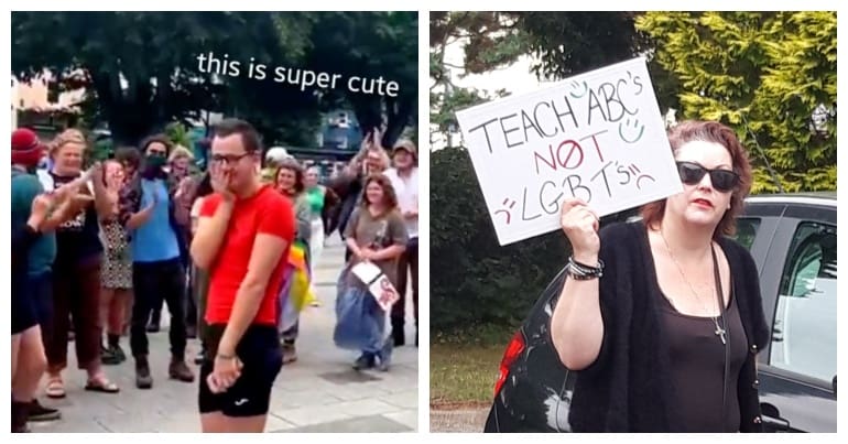 Protesters supporting the drag queen story hour and a woman holding up placard stating teach ABCs not LGBTs