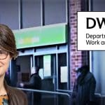 Chloe Smith, a Jobcentre and the DWP logo