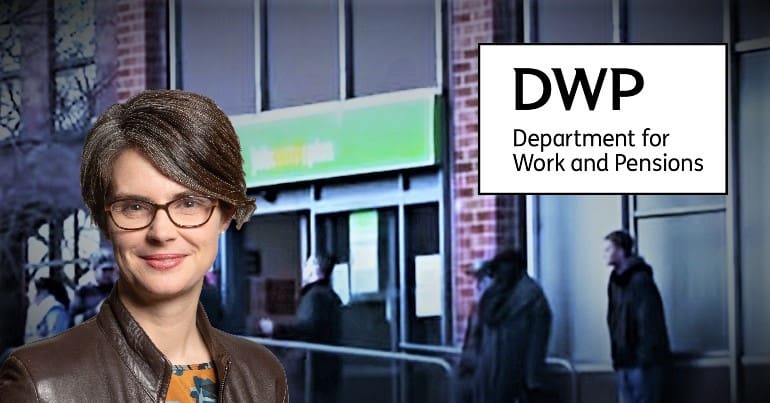 Chloe Smith, a Jobcentre and the DWP logo