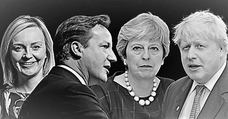 Liz Truss David Cameron Theresa May and Boris Johnson in black and white representing austerity