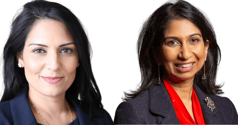 Suella Braverman and Priti Patel look in to the camera