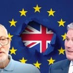 The EU and UK flags, Jeremy Corbyn and Keir Starmer