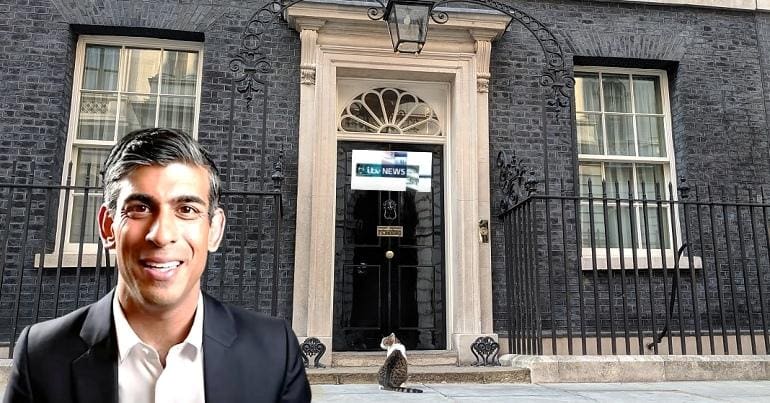 a picture of 10 Downing Street with the ITe the door, Larry the cat and Rishi Sunak V News logo abov