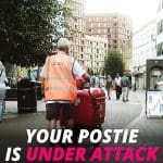 A CWU campaign slogan with a picture of a postal worker and a Royal Mail trolley representing a postal strike