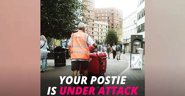 A CWU campaign slogan with a picture of a postal worker and a Royal Mail trolley representing a postal strike