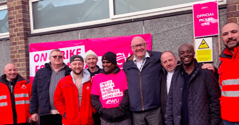 CWU workers on a picket line with Dave Ward