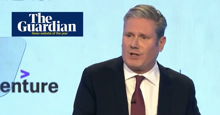 Keir Starmer at the CBI and the Guardian logo