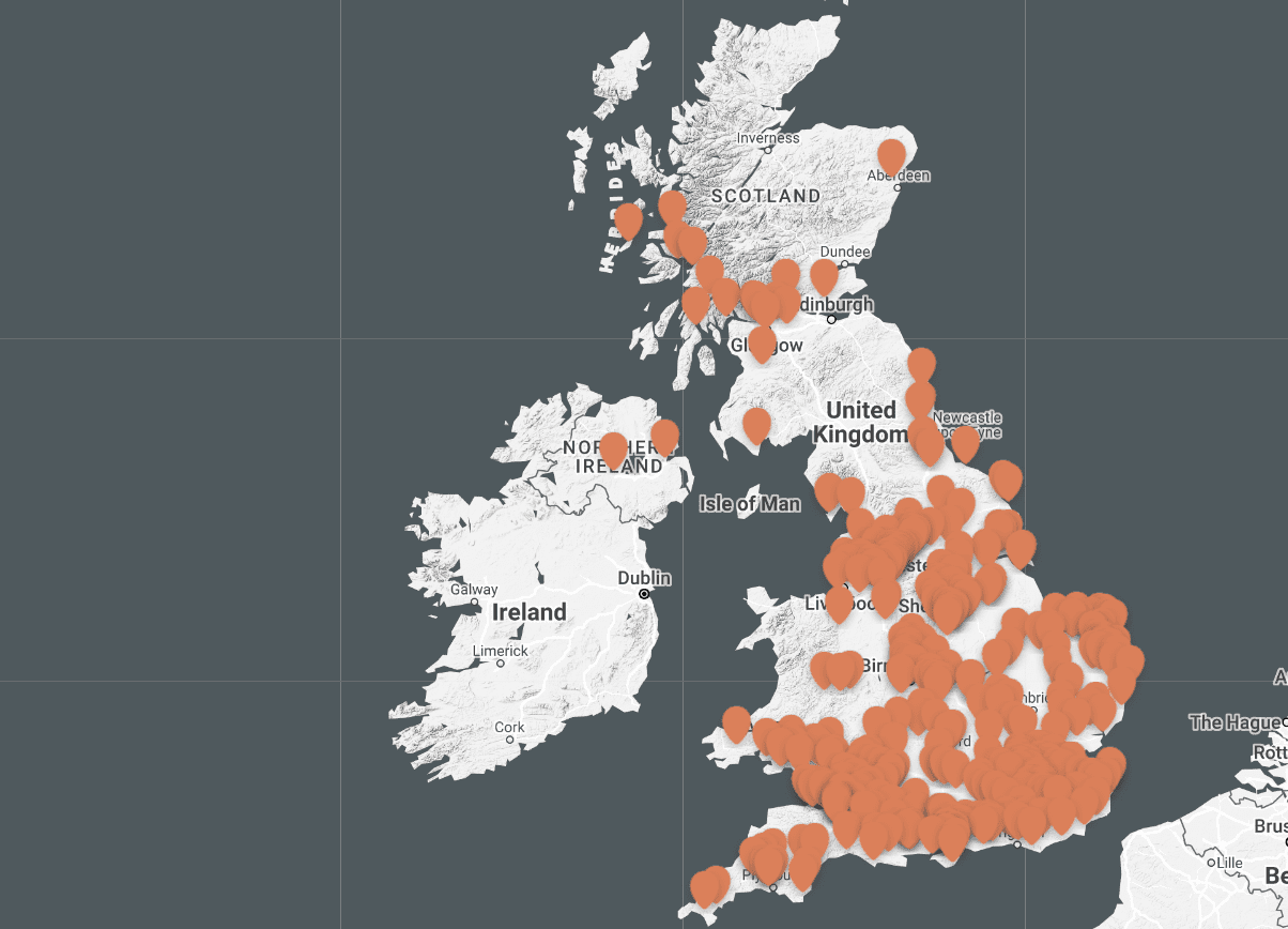 A picture of a map of warm spaces in the uk