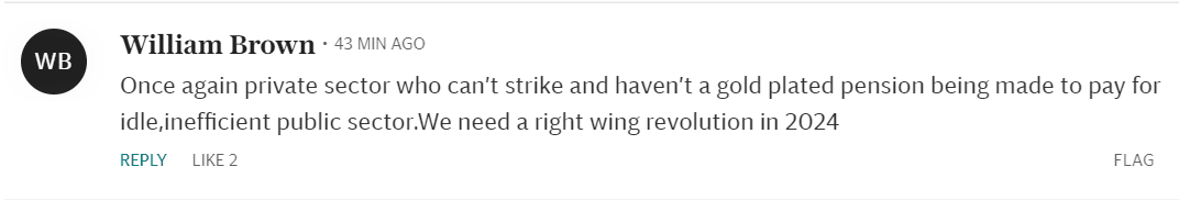 A comment that reads: "Once again private sector who can’t strike and haven’t a gold plated pension being made to pay for idle,inefficient public sector.We need a right wing revolution in 2024"