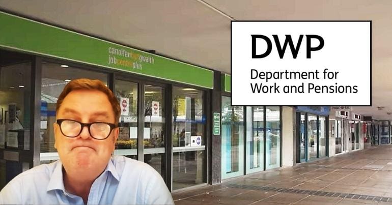 A Jobcentre, Mel Stride and the DWP logo