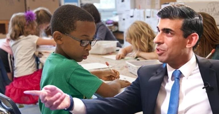 A child in education and Rishi Sunak pointing at him