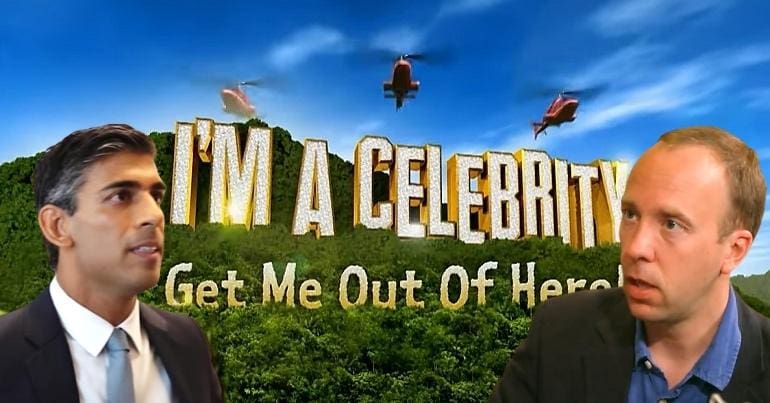 The I'm A Celebrity... logo, Rishi Sunak and Matt Hancock