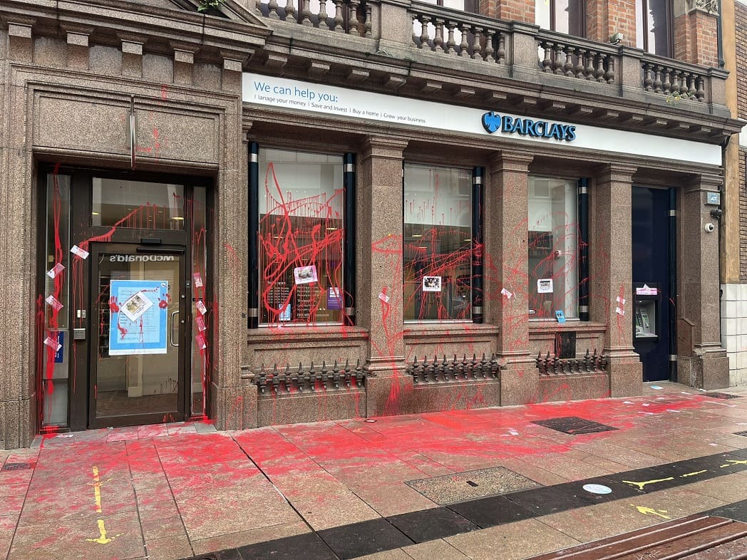 Barclays covered in red paint