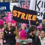 A picture of a strike rally and the Guardian logo