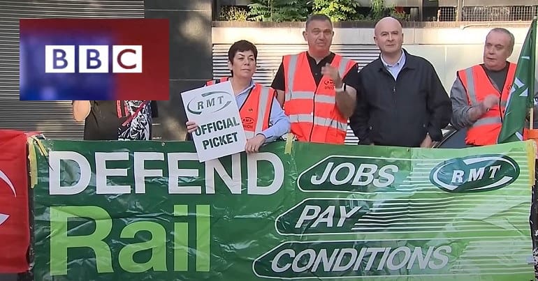 An RMT picket line and the BBC logo