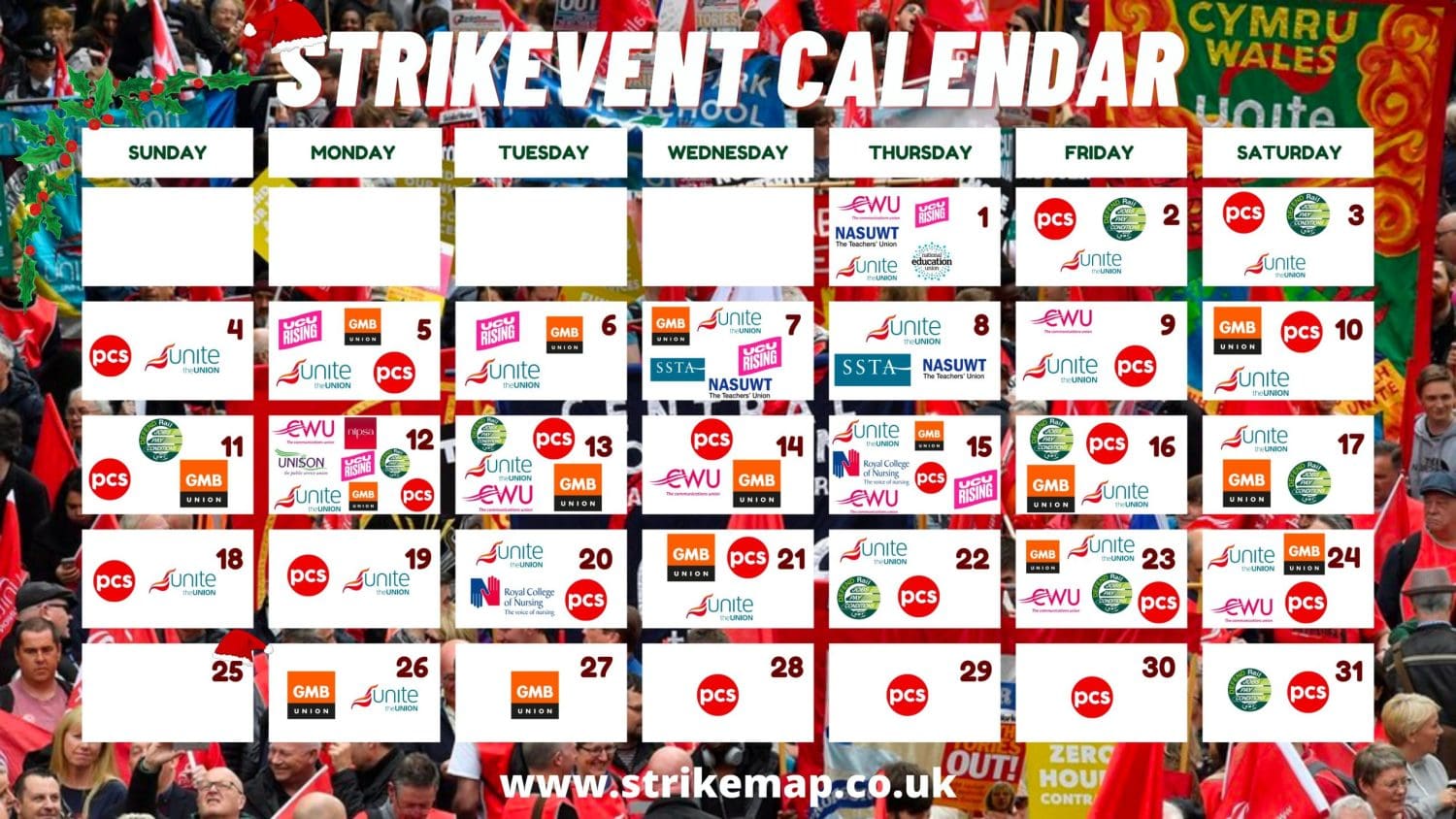 A calendar of all the strikes happening in December
